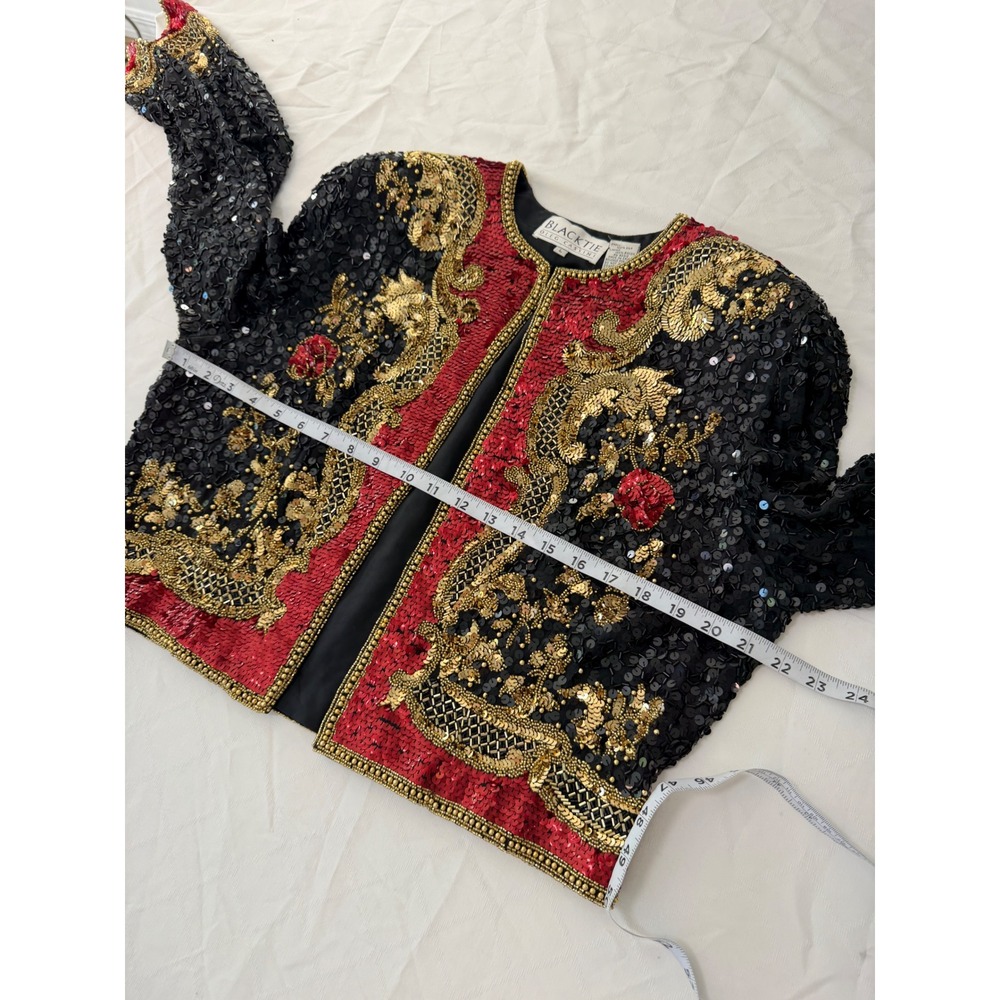 Vintage Oleg Cassini Black Tie Sequin Beaded Silk Blazer Jacket Black Gold Red - Picture 8 of 11